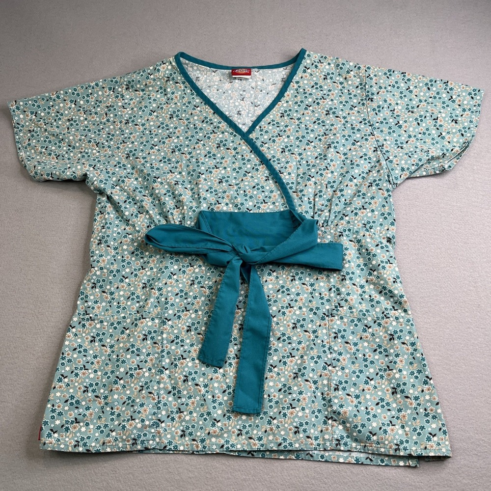 Dickies Scrub Top Womens Medium Multicolor Floral V-Neck Short Sleeve Tie Waist